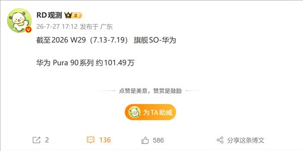 Huawei high-end flagship breaks the million mark again! Pura 90 series sales reach 1,014,900 units: first launch of Kirin 9030S