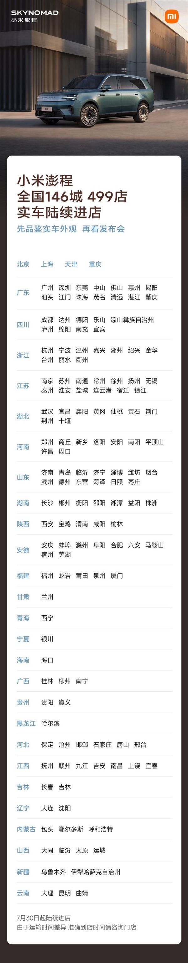 Xiaomi Pengcheng vehicles are arriving at stores successively, covering 146 cities and 499 stores.