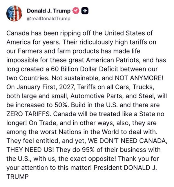 The United States once again wields the tariff stick: will impose an additional 50% tariff on Canadian automobiles and steel!